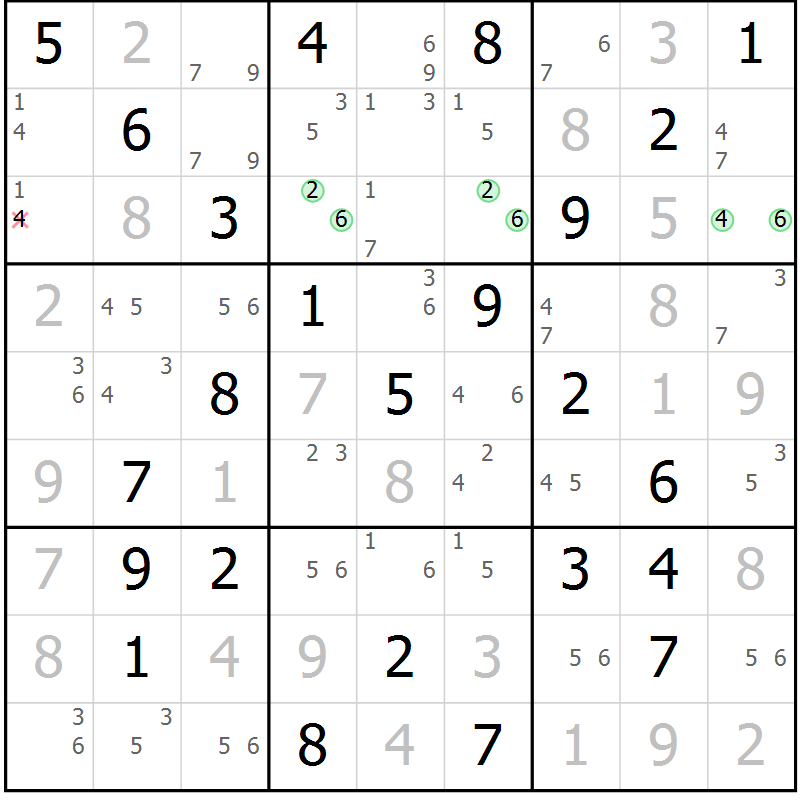 Position des candidats pour la solution de la Gr 77 page 80 du magazine de sudoku Maestro n° 104