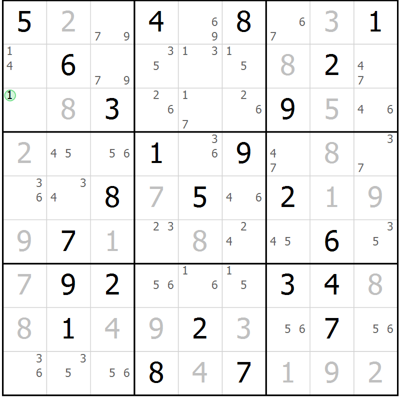 Position des candidats pour la solution de la Gr 77 page 80 du magazine de sudoku Maestro n° 104