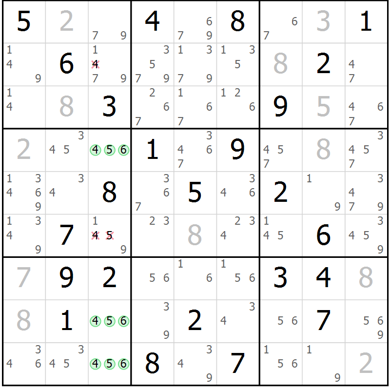 Position des candidats pour la solution de la Gr 77 page 80 du magazine de sudoku Maestro n° 104