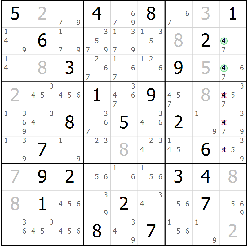 Position des candidats pour la solution de la Gr 77 page 80 du magazine de sudoku Maestro n° 104