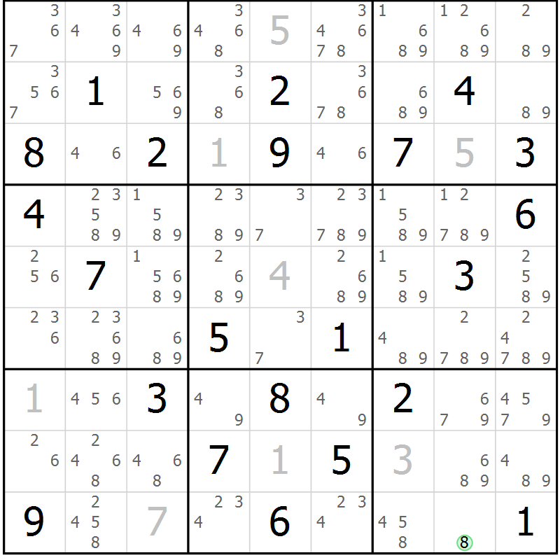 Position des candidats pour la solution de la Gr 78 page 81 du magazine de sudoku Maestro n° 104