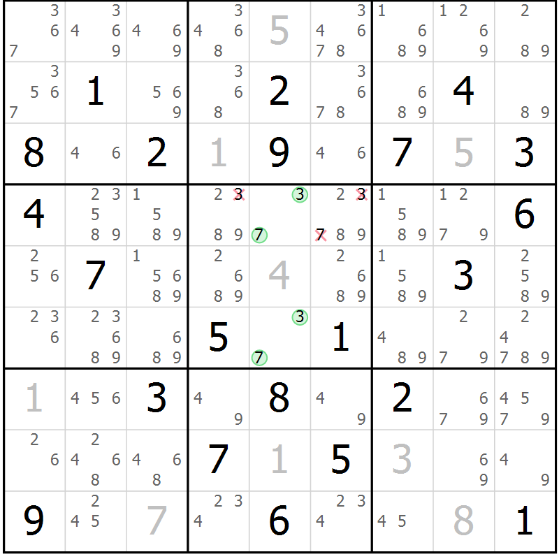 Position des candidats pour la solution de la Gr 78 page 81 du magazine de sudoku Maestro n° 104