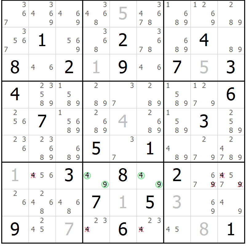 Position des candidats pour la solution de la Gr 78 page 81 du magazine de sudoku Maestro n° 104