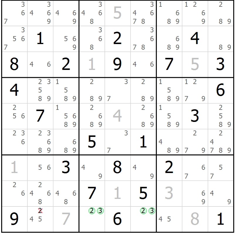Position des candidats pour la solution de la Gr 78 page 81 du magazine de sudoku Maestro n° 104