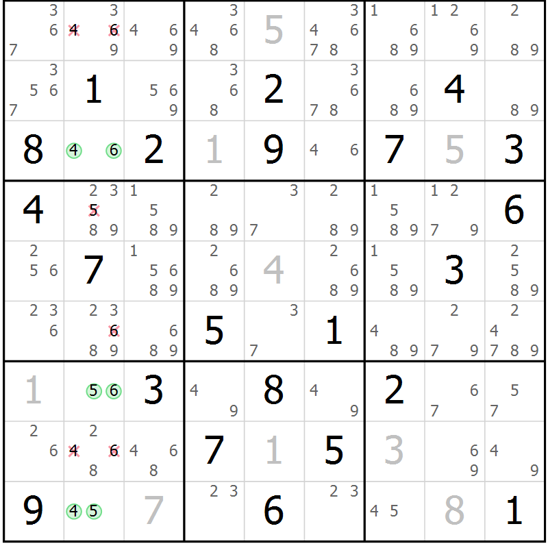 Position des candidats pour la solution de la Gr 78 page 81 du magazine de sudoku Maestro n° 104