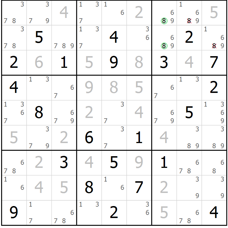 Position des candidats pour la solution de la Gr 8 page 11 du magazine de sudoku Maestro n° 104