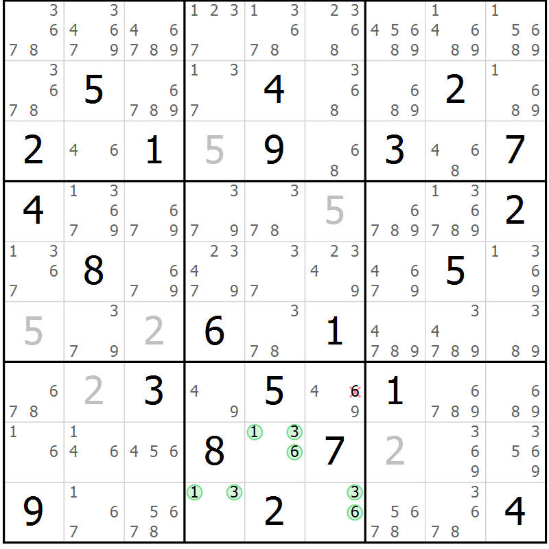 Position des candidats pour la solution de la Gr 8 page 11 du magazine de sudoku Maestro n° 104