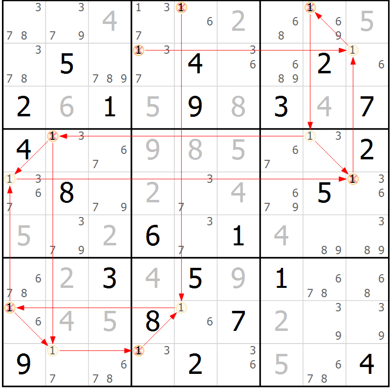 Position des candidats pour la solution de la Gr 8 page 11 du magazine de sudoku Maestro n° 104