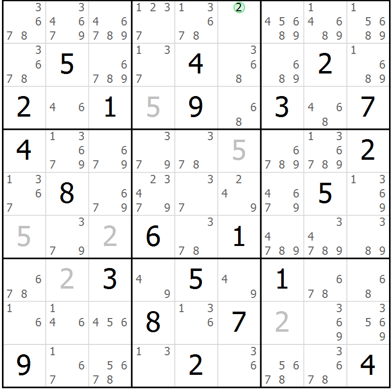 Position des candidats pour la solution de la Gr 8 page 11 du magazine de sudoku Maestro n° 104