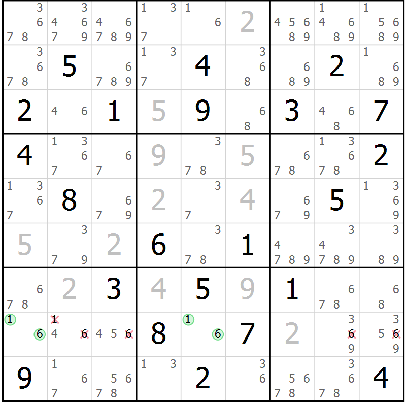 Position des candidats pour la solution de la Gr 8 page 11 du magazine de sudoku Maestro n° 104