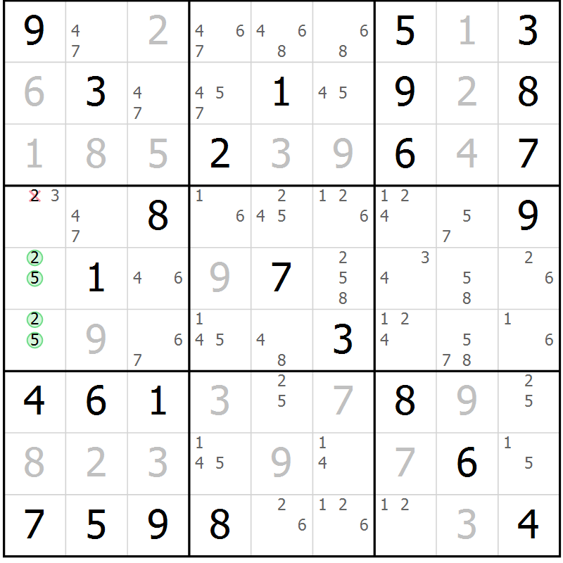 Position des candidats pour la solution de la Gr 80 page 83 du magazine de sudoku Maestro n° 104