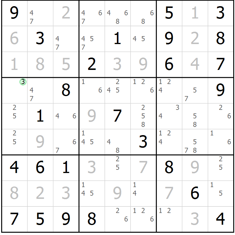 Position des candidats pour la solution de la Gr 80 page 83 du magazine de sudoku Maestro n° 104