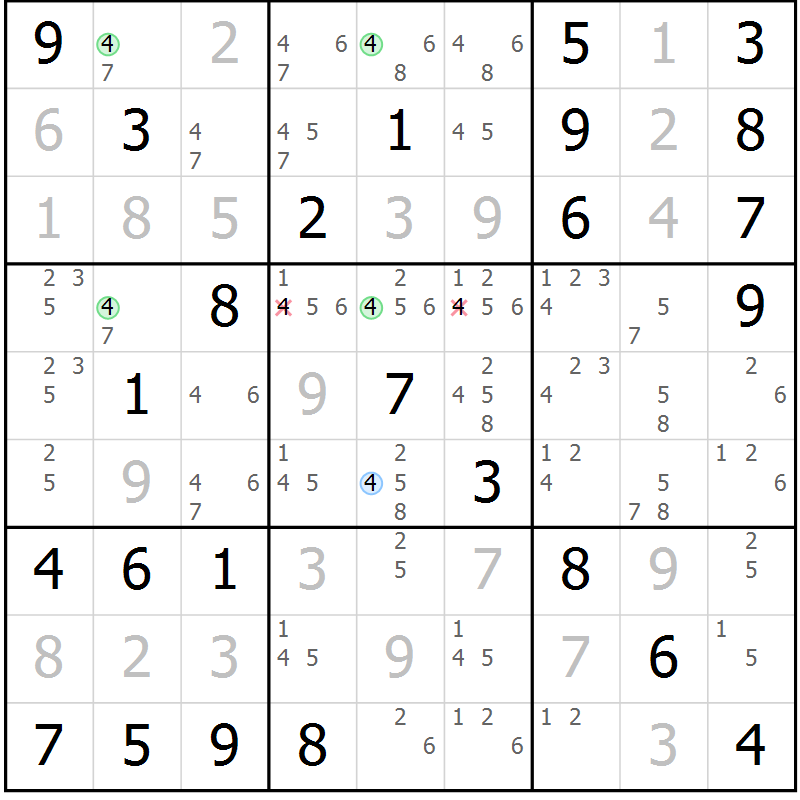 Position des candidats pour la solution de la Gr 80 page 83 du magazine de sudoku Maestro n° 104