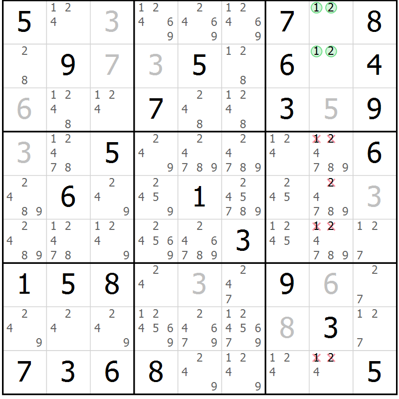 Position des candidats pour la solution de la Gr 81 page 84 du magazine de sudoku Maestro n° 104