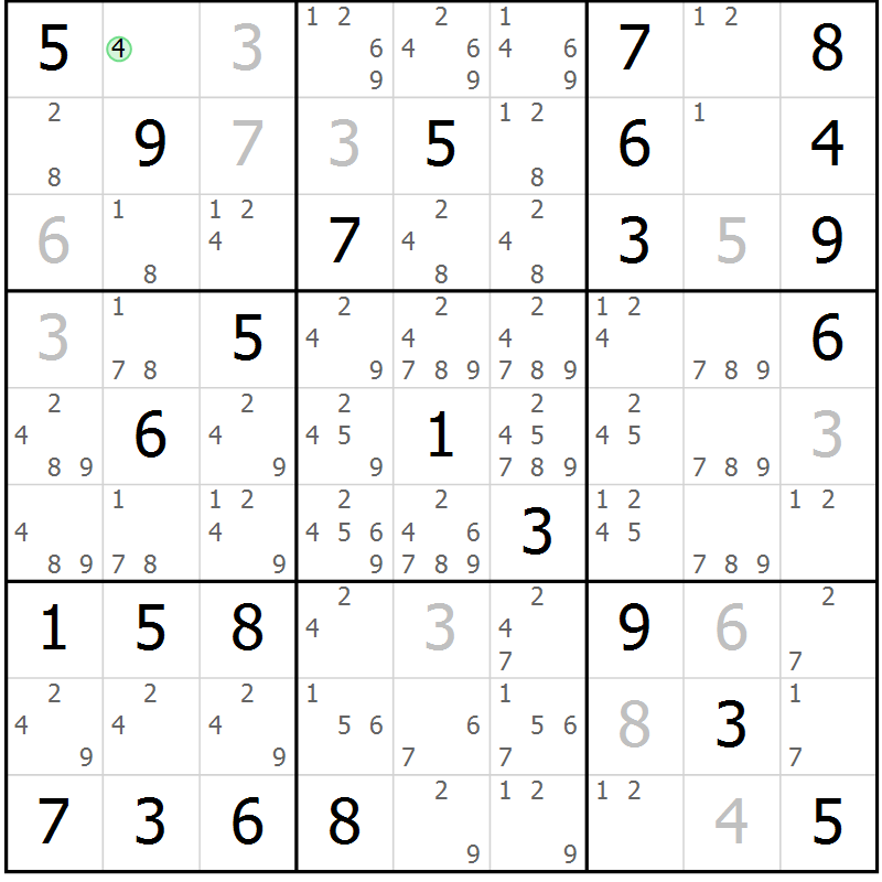 Position des candidats pour la solution de la Gr 81 page 84 du magazine de sudoku Maestro n° 104
