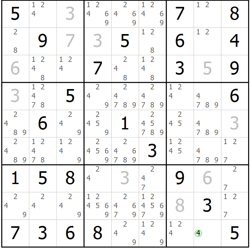 Position des candidats pour la solution de la Gr 81 page 84 du magazine de sudoku Maestro n° 104