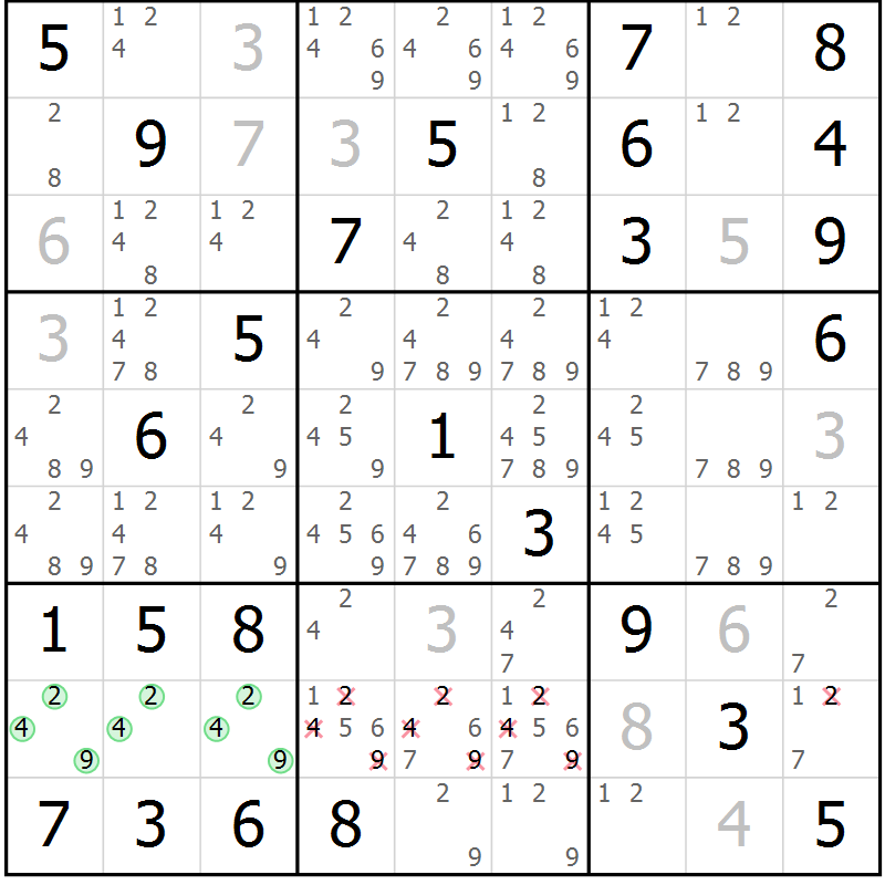 Position des candidats pour la solution de la Gr 81 page 84 du magazine de sudoku Maestro n° 104