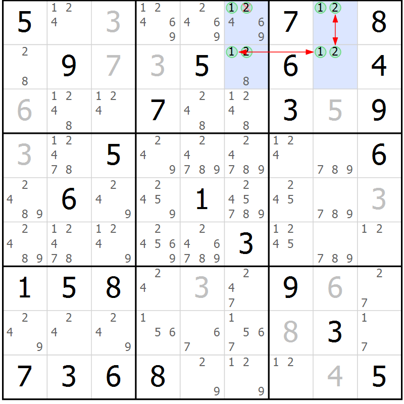 Position des candidats pour la solution de la Gr 81 page 84 du magazine de sudoku Maestro n° 104