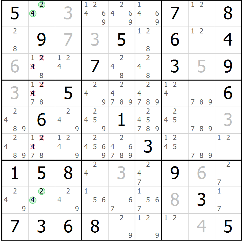 Position des candidats pour la solution de la Gr 81 page 84 du magazine de sudoku Maestro n° 104