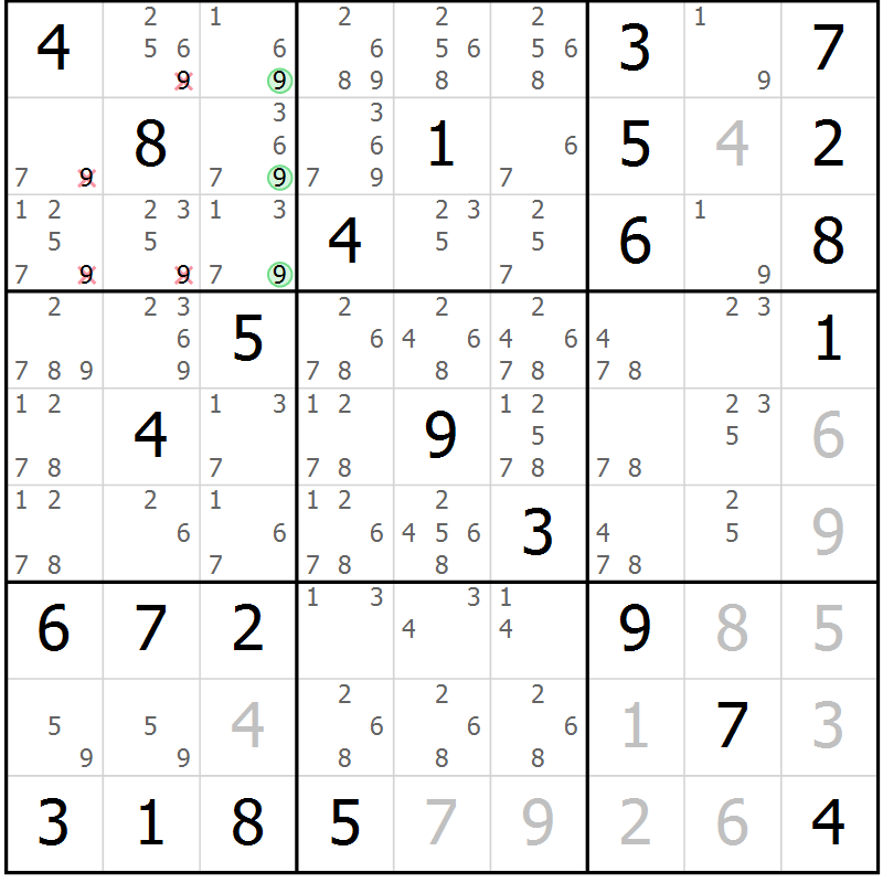 Position des candidats pour la solution de la Gr 82 page 85 du magazine de sudoku Maestro n° 104