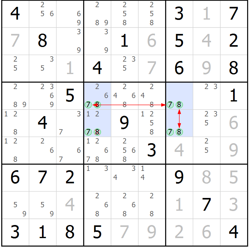 Position des candidats pour la solution de la Gr 82 page 85 du magazine de sudoku Maestro n° 104