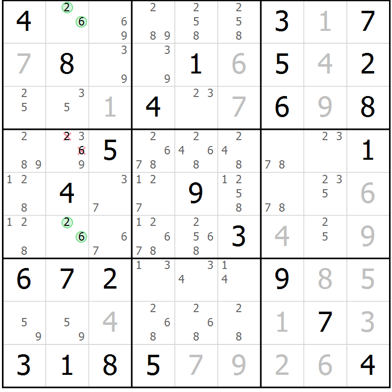Position des candidats pour la solution de la Gr 82 page 85 du magazine de sudoku Maestro n° 104