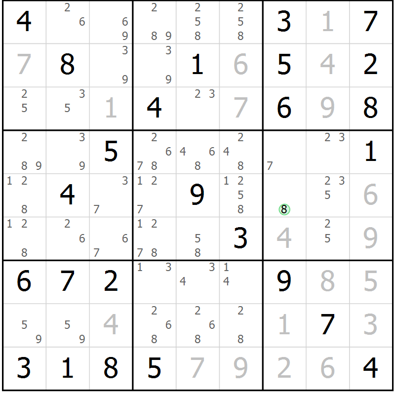 Position des candidats pour la solution de la Gr 82 page 85 du magazine de sudoku Maestro n° 104