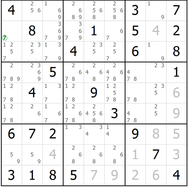 Position des candidats pour la solution de la Gr 82 page 85 du magazine de sudoku Maestro n° 104