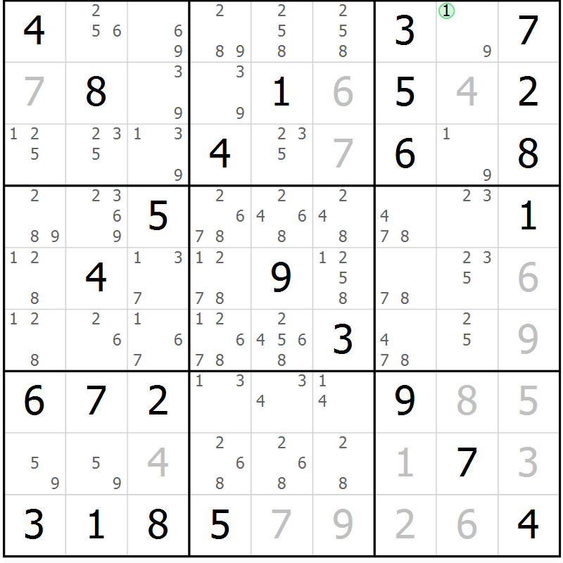 Position des candidats pour la solution de la Gr 82 page 85 du magazine de sudoku Maestro n° 104
