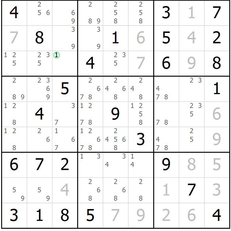 Position des candidats pour la solution de la Gr 82 page 85 du magazine de sudoku Maestro n° 104