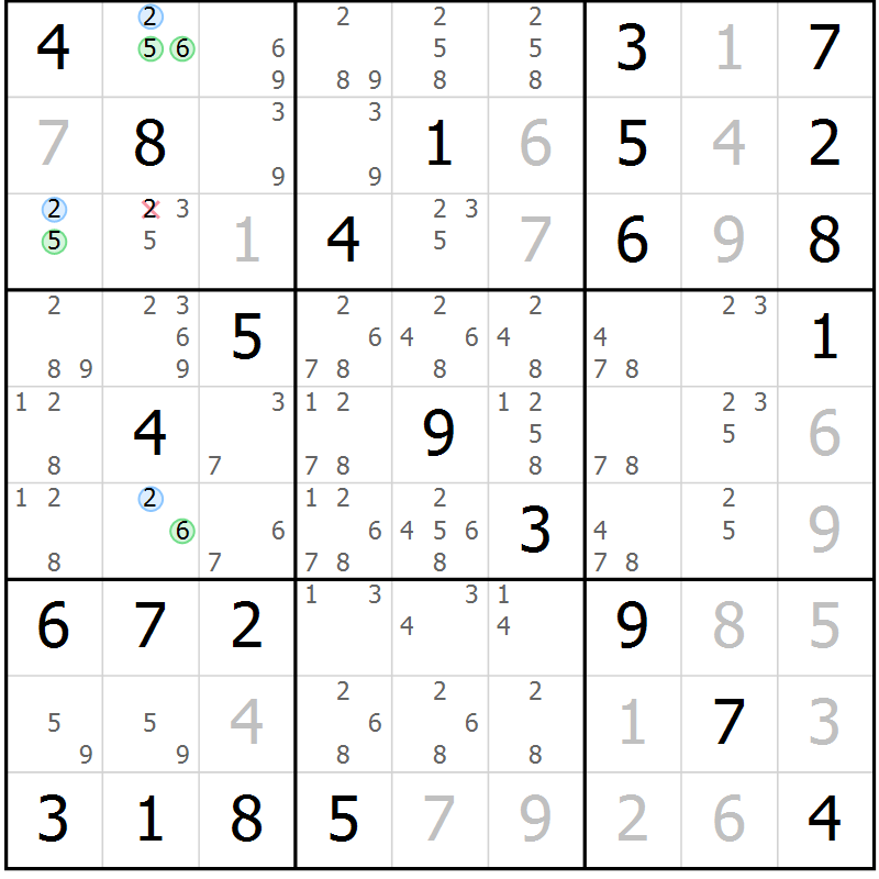Position des candidats pour la solution de la Gr 82 page 85 du magazine de sudoku Maestro n° 104
