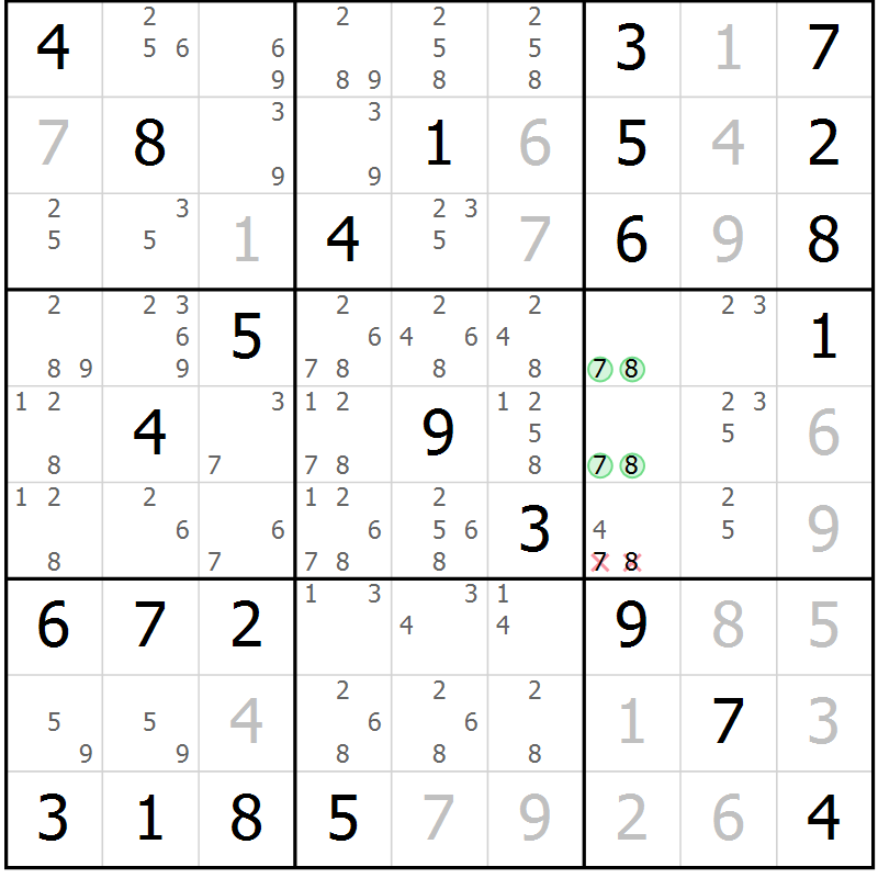 Position des candidats pour la solution de la Gr 82 page 85 du magazine de sudoku Maestro n° 104