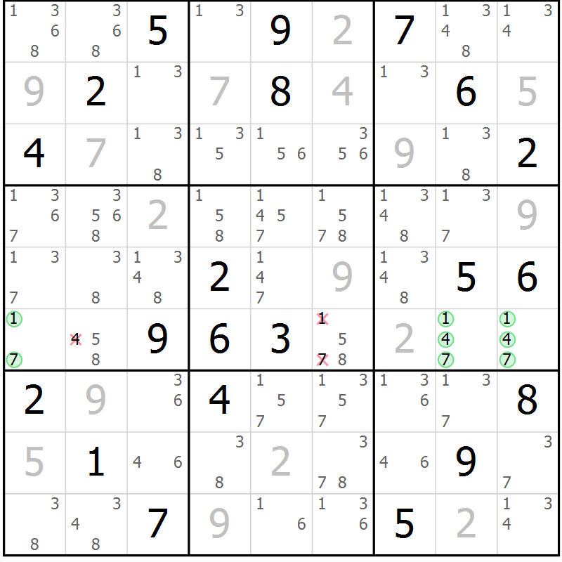 Position des candidats pour la solution de la Gr 83 page 86 du magazine de sudoku Maestro n° 104