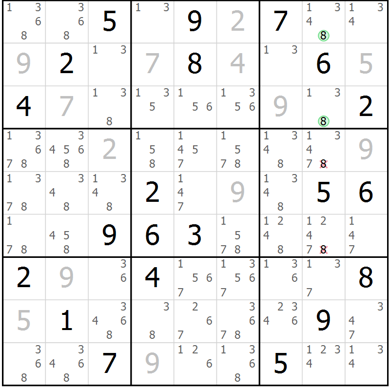Position des candidats pour la solution de la Gr 83 page 86 du magazine de sudoku Maestro n° 104