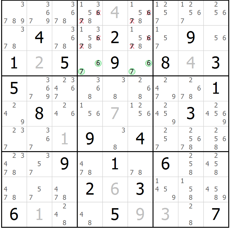 Position des candidats pour la solution de la Gr 84 page 87 du magazine de sudoku Maestro n° 104