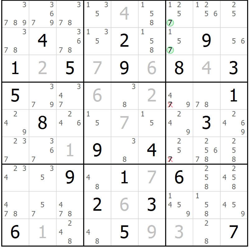 Position des candidats pour la solution de la Gr 84 page 87 du magazine de sudoku Maestro n° 104