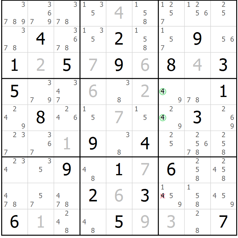 Position des candidats pour la solution de la Gr 84 page 87 du magazine de sudoku Maestro n° 104