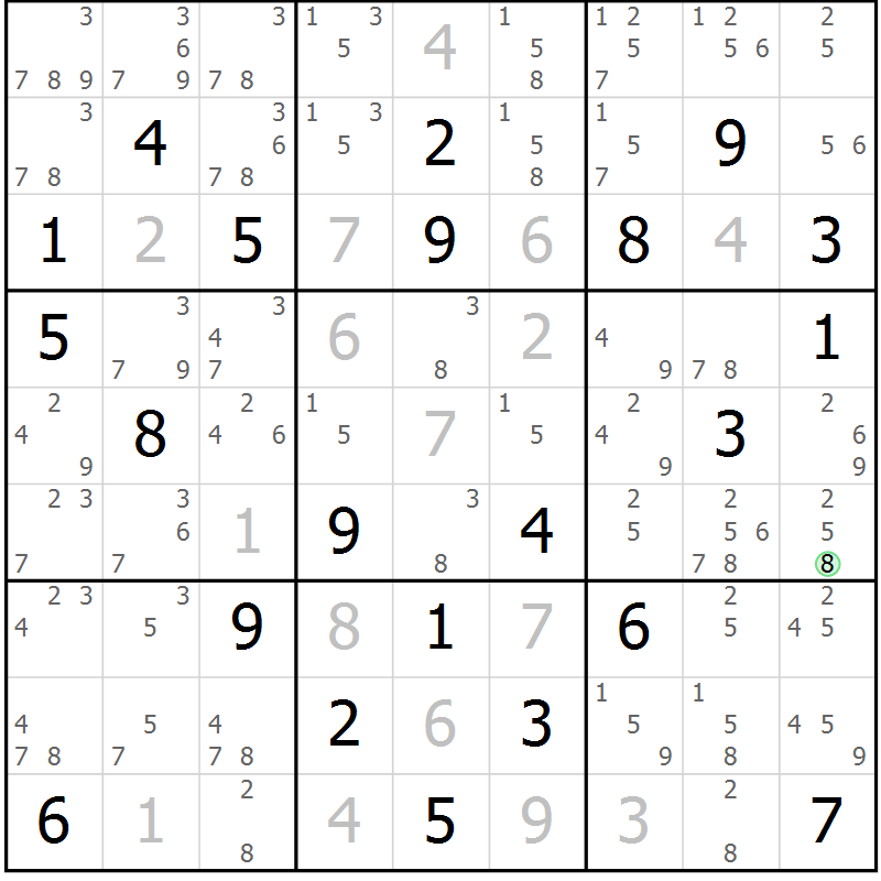 Position des candidats pour la solution de la Gr 84 page 87 du magazine de sudoku Maestro n° 104
