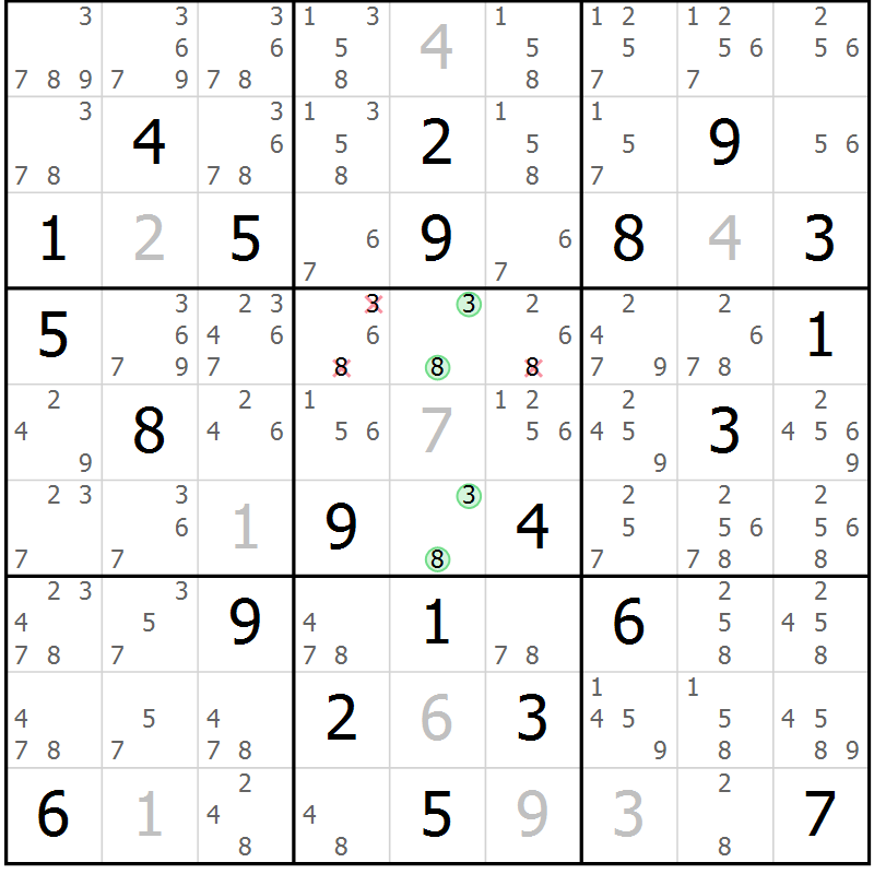 Position des candidats pour la solution de la Gr 84 page 87 du magazine de sudoku Maestro n° 104