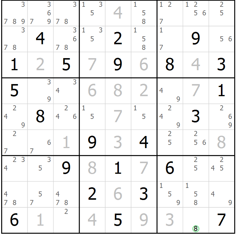 Position des candidats pour la solution de la Gr 84 page 87 du magazine de sudoku Maestro n° 104