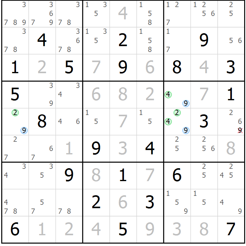 Position des candidats pour la solution de la Gr 84 page 87 du magazine de sudoku Maestro n° 104