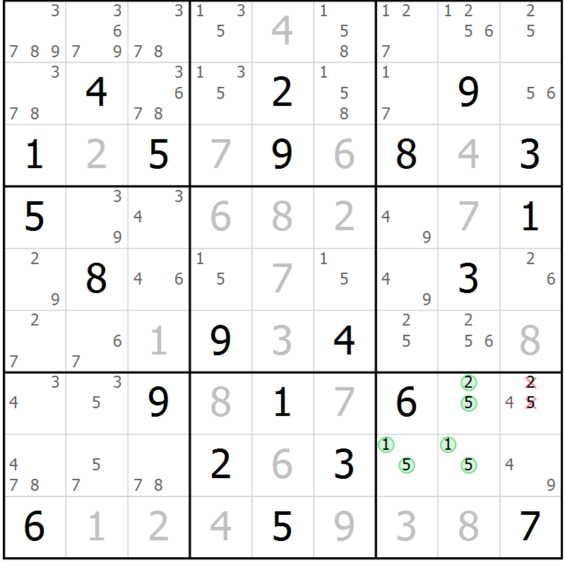 Position des candidats pour la solution de la Gr 84 page 87 du magazine de sudoku Maestro n° 104
