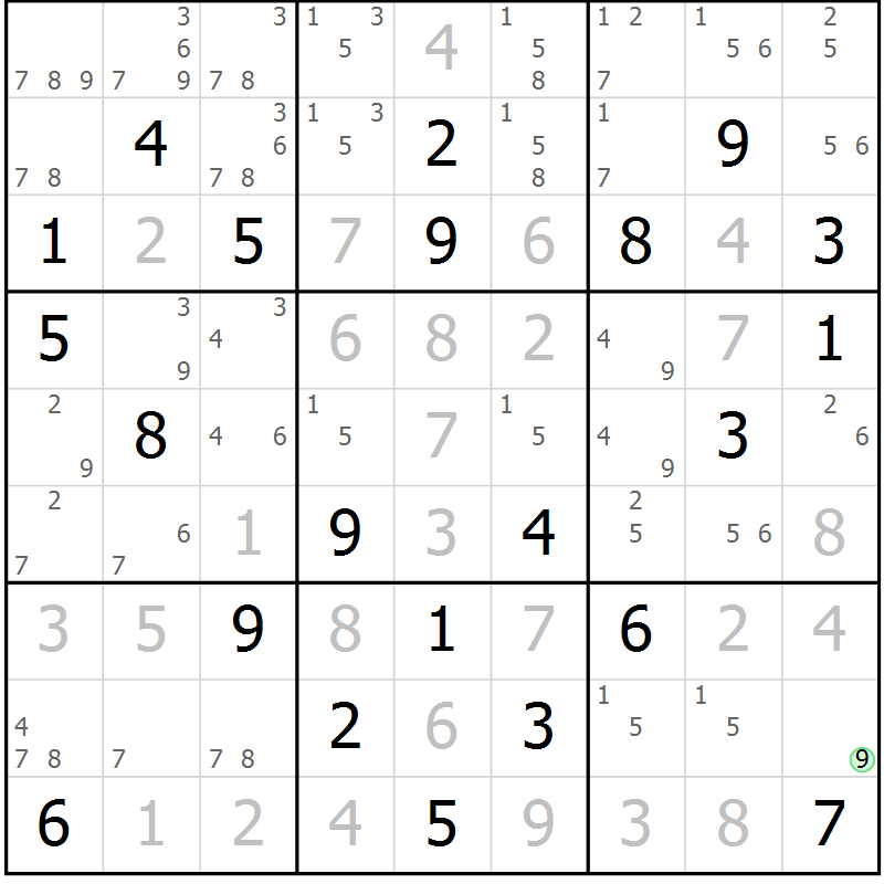 Position des candidats pour la solution de la Gr 84 page 87 du magazine de sudoku Maestro n° 104