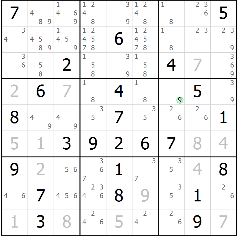 Position des candidats pour la solution de la Gr 9 page 12 du magazine de sudoku Maestro n° 104