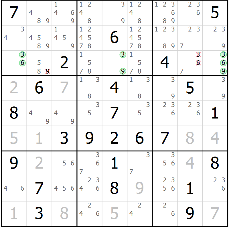 Position des candidats pour la solution de la Gr 9 page 12 du magazine de sudoku Maestro n° 104