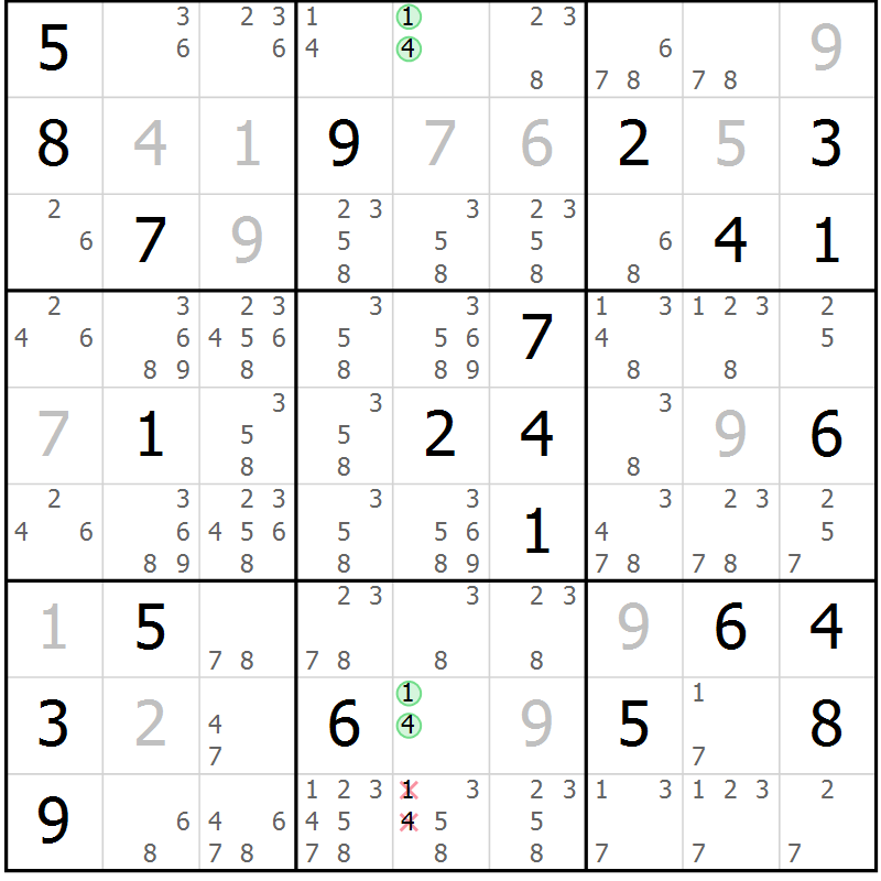 Position des candidats pour la solution de la Gr 1 page 4 du magazine de sudoku Virtuose n° 104