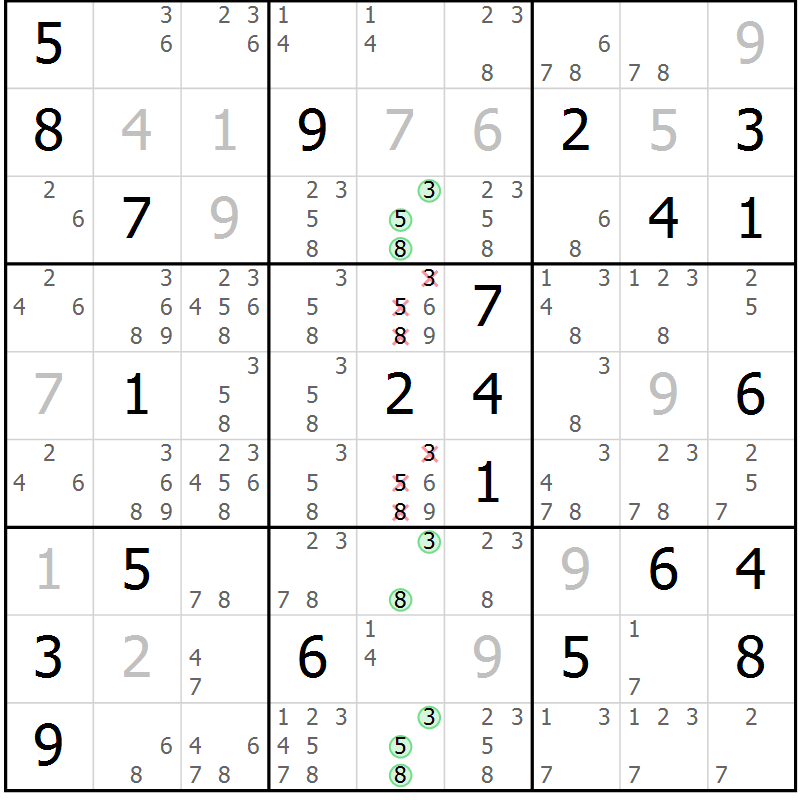 Position des candidats pour la solution de la Gr 1 page 4 du magazine de sudoku Virtuose n° 104