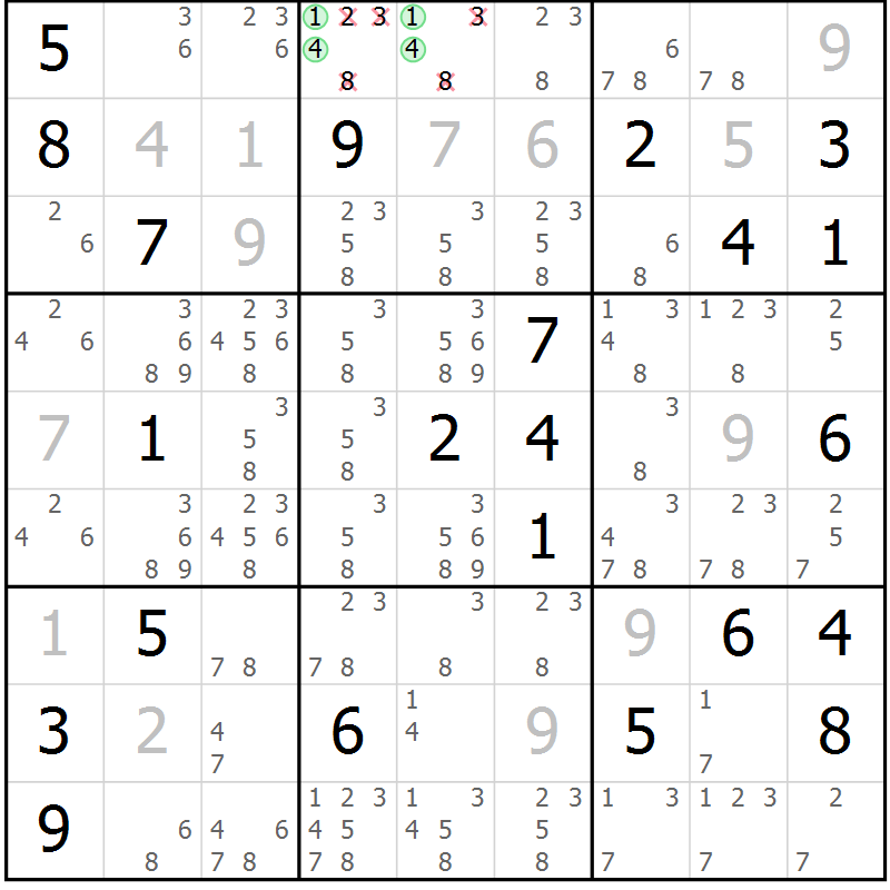 Position des candidats pour la solution de la Gr 1 page 4 du magazine de sudoku Virtuose n° 104
