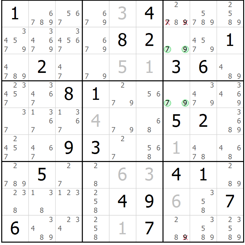 Position des candidats pour la solution de la Gr 10 page 13 du magazine de sudoku Virtuose n° 104