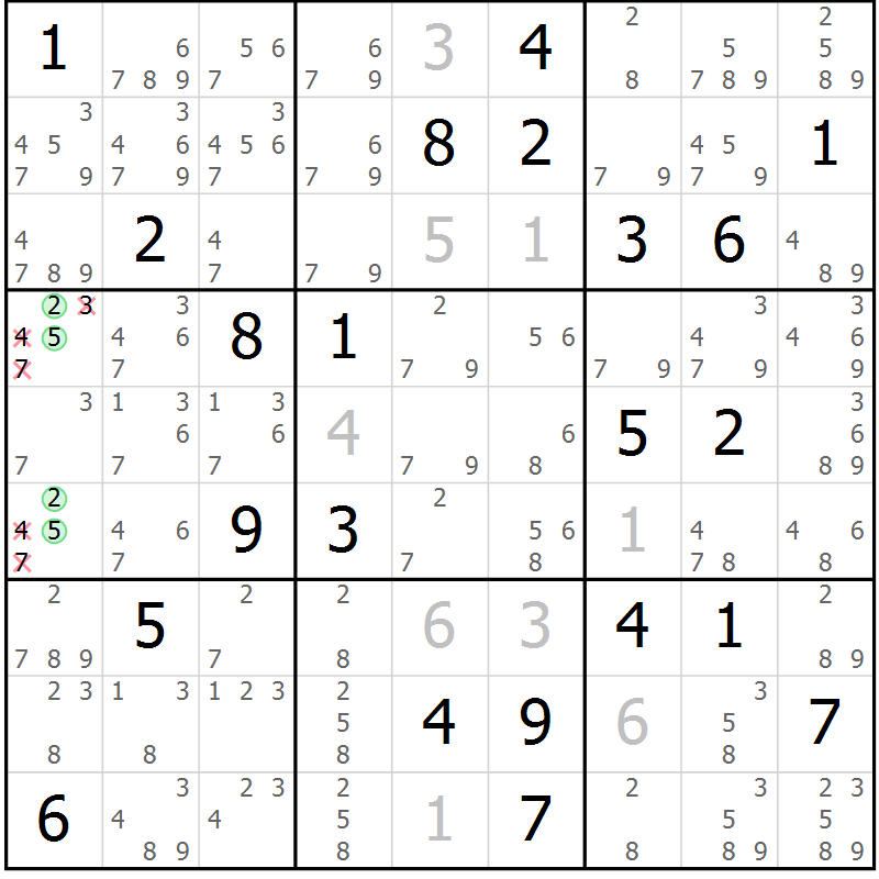 Position des candidats pour la solution de la Gr 10 page 13 du magazine de sudoku Virtuose n° 104
